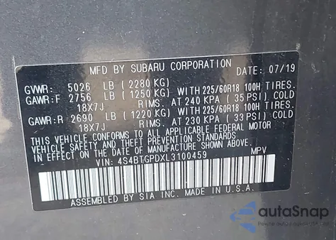 2020 Subaru Outback Touring Xt z USA, uszkodzony, nr VIN 4S4BTGPDXL3100459